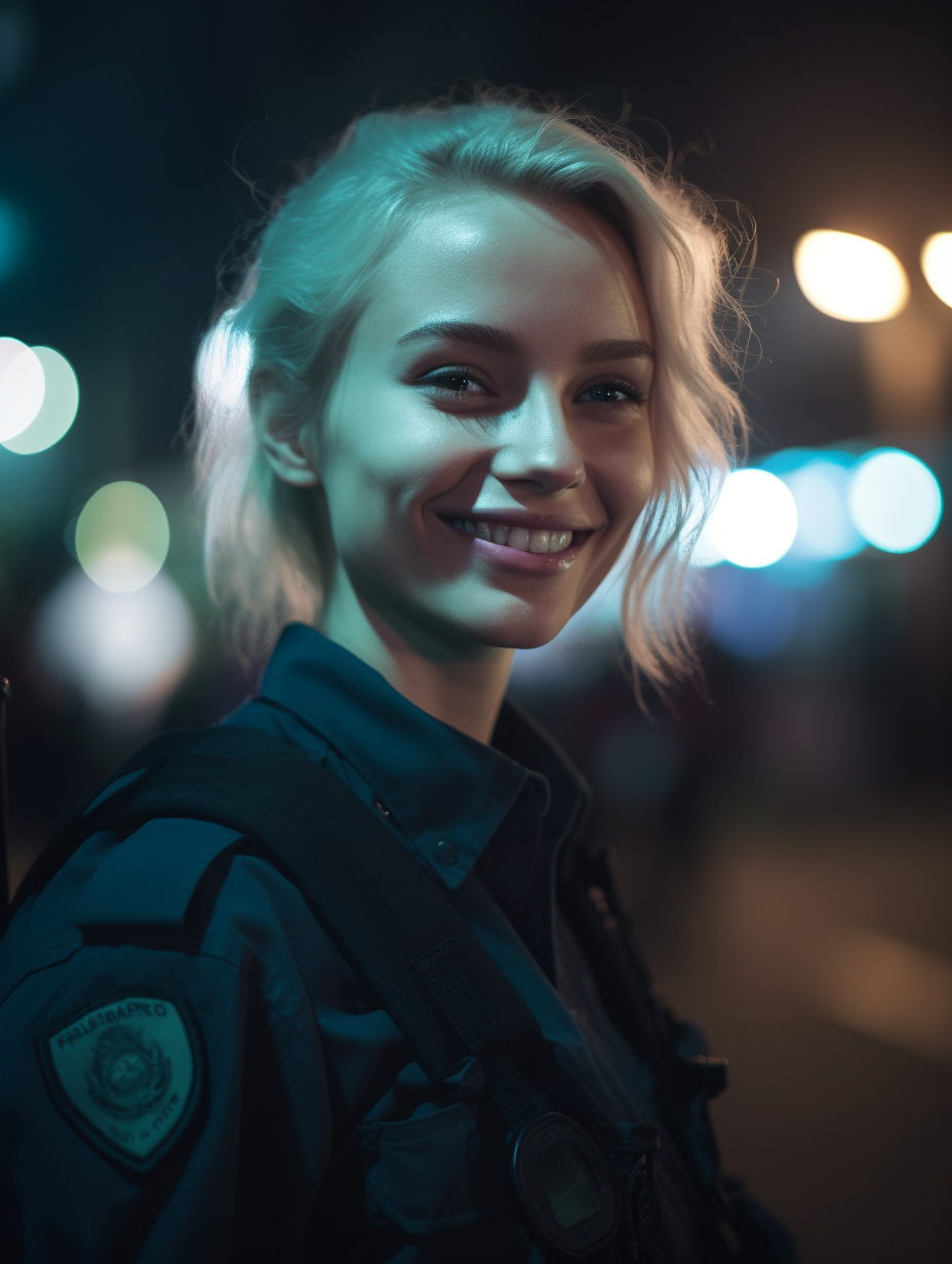 Stephanny_cinematic_still_blonde_young_police_woman_smiling_nig_815fbceb-04b8-44fa-87a6-b79cbd137cf6